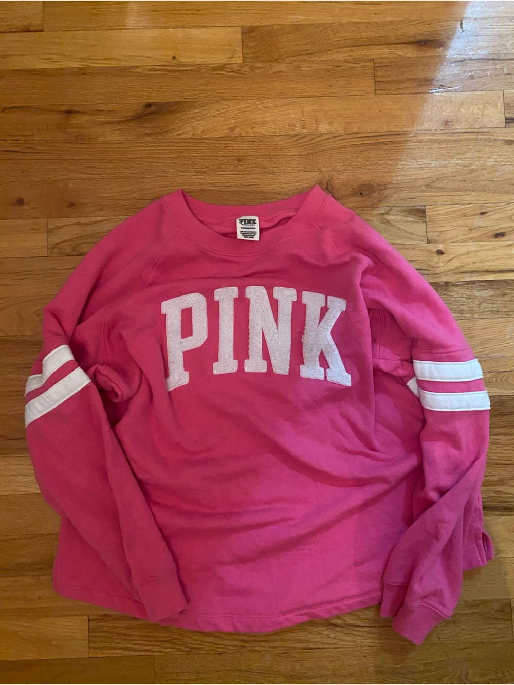 PINK Victoria's Secret Hot Pink Crewneck Sweatshirt with White Varsity Stripes